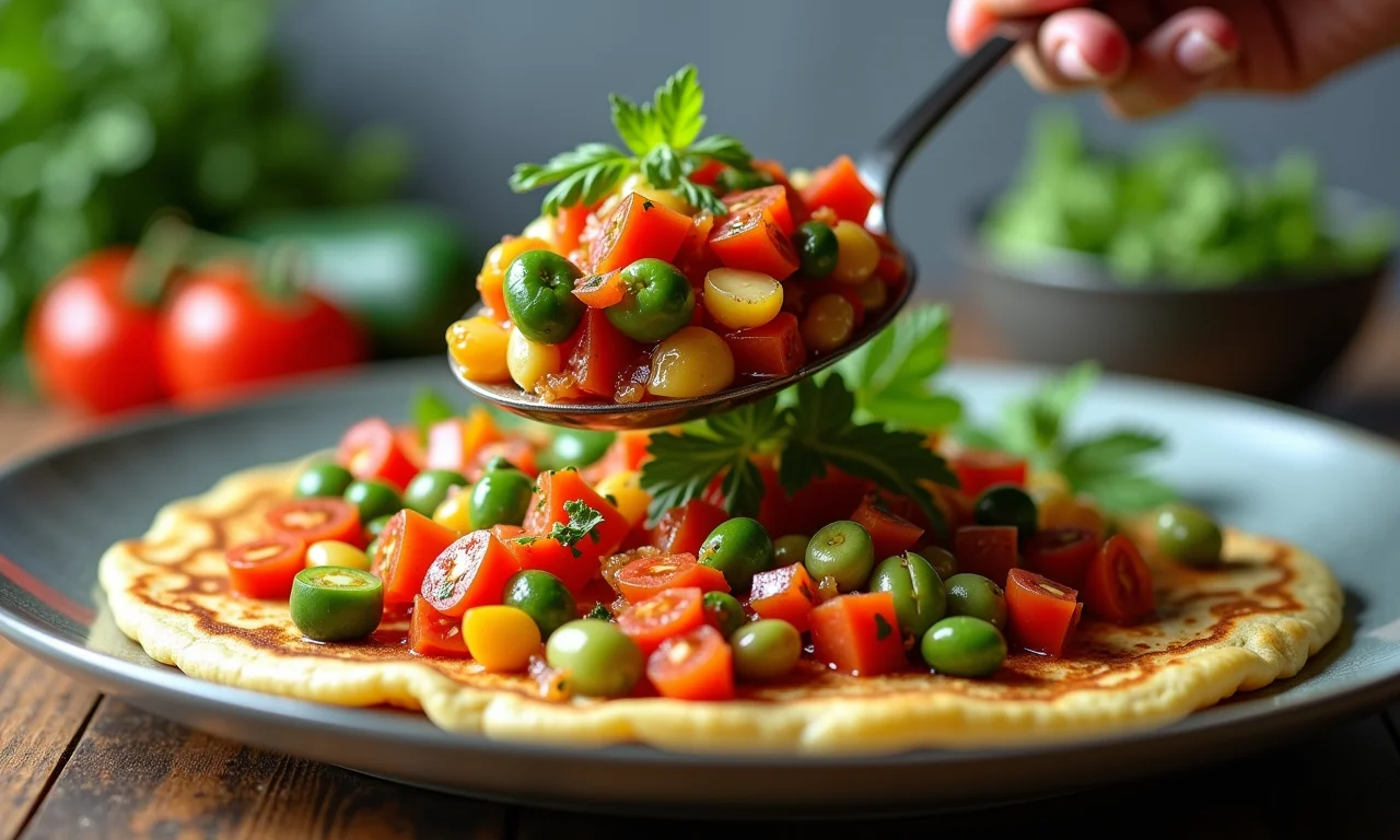 Recheio de legumes refogados sendo colocado na panqueca.