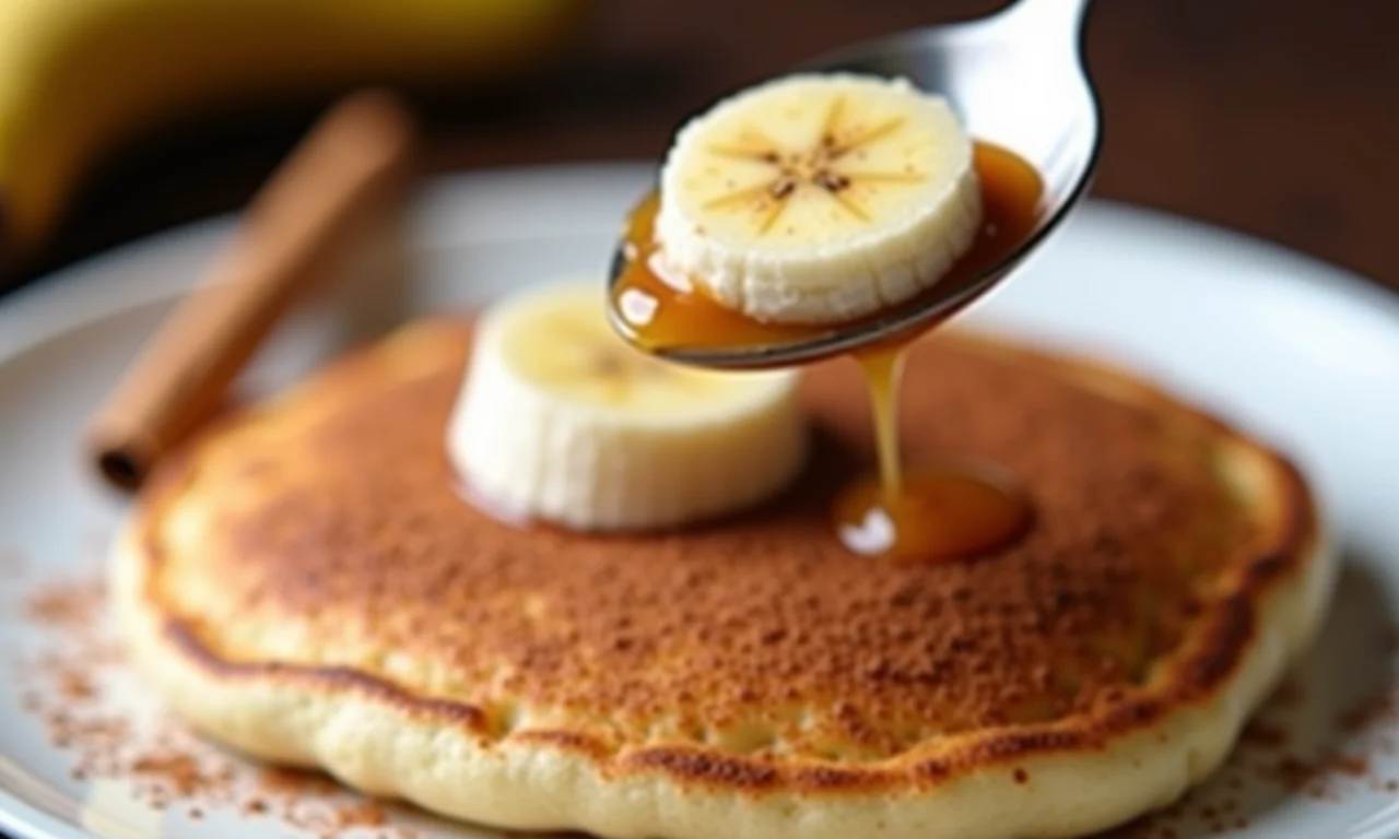 Recheio doce de banana com canela sendo colocado em uma panqueca.