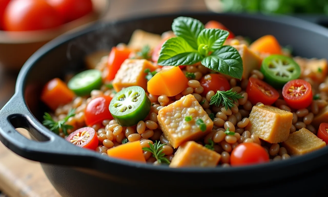 Refeição em panela com variedade de ingredientes coloridos.