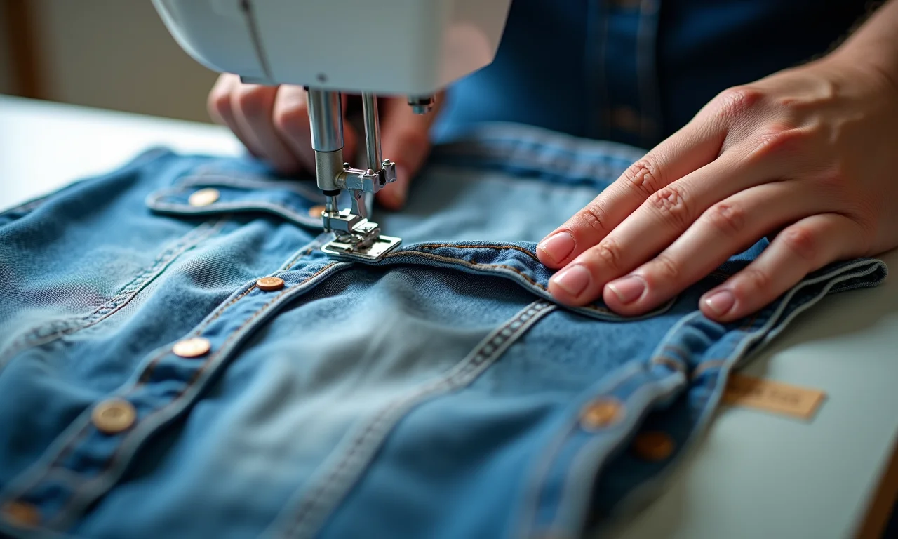 Reforçando as bordas do colete jeans com costura.