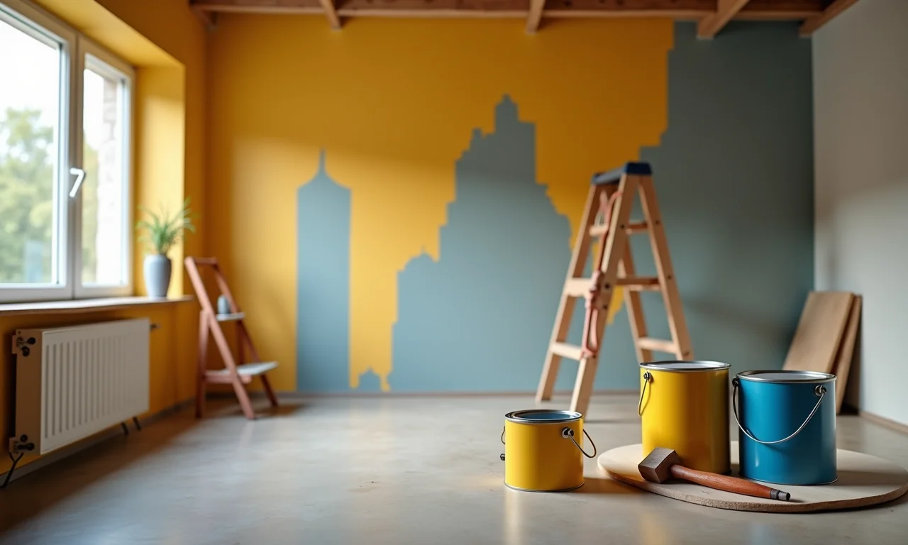 Reforma de um sobradinho com ferramentas e materiais de construção.