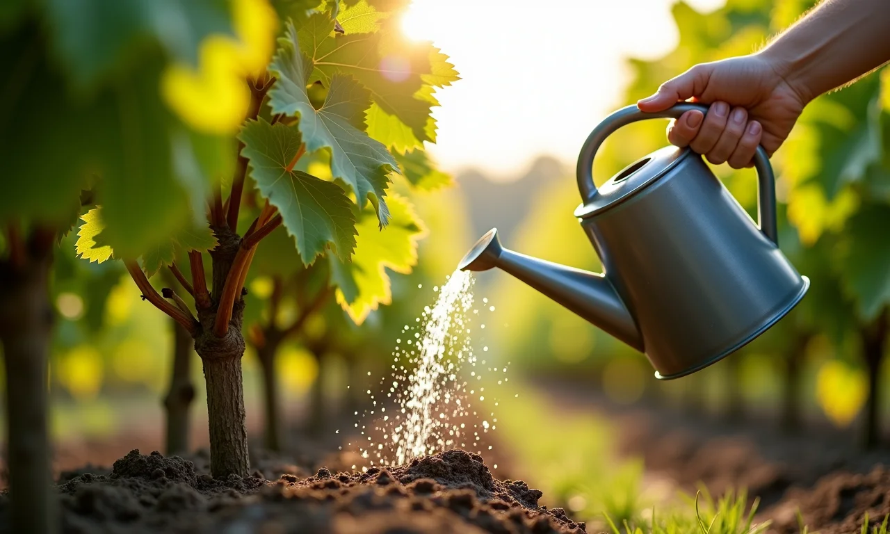 Rega e adubação de muda de uva recém-plantada.