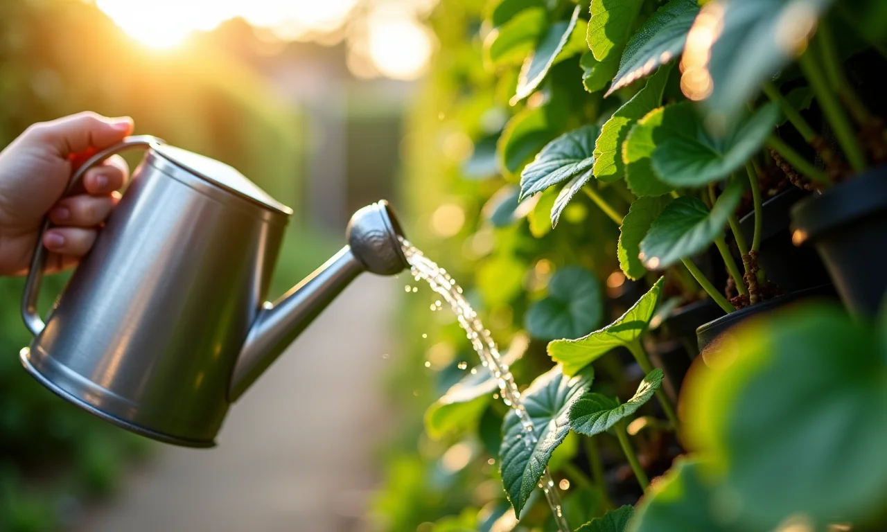 Regando jardim vertical: gotas de água nas folhas em dia ensolarado.