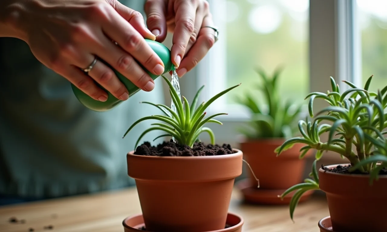 Regando muda de Renda Portuguesa em vaso de barro.