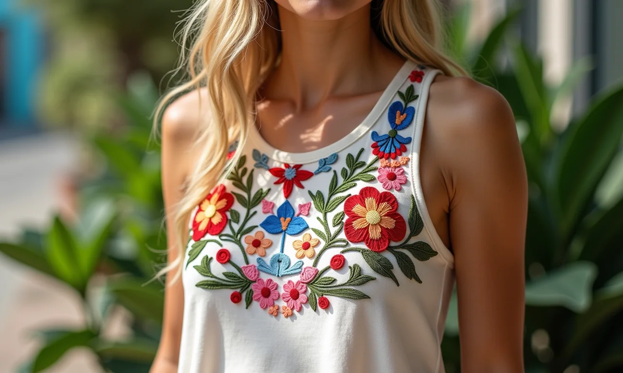 Regata de viscose customizada com bordados.