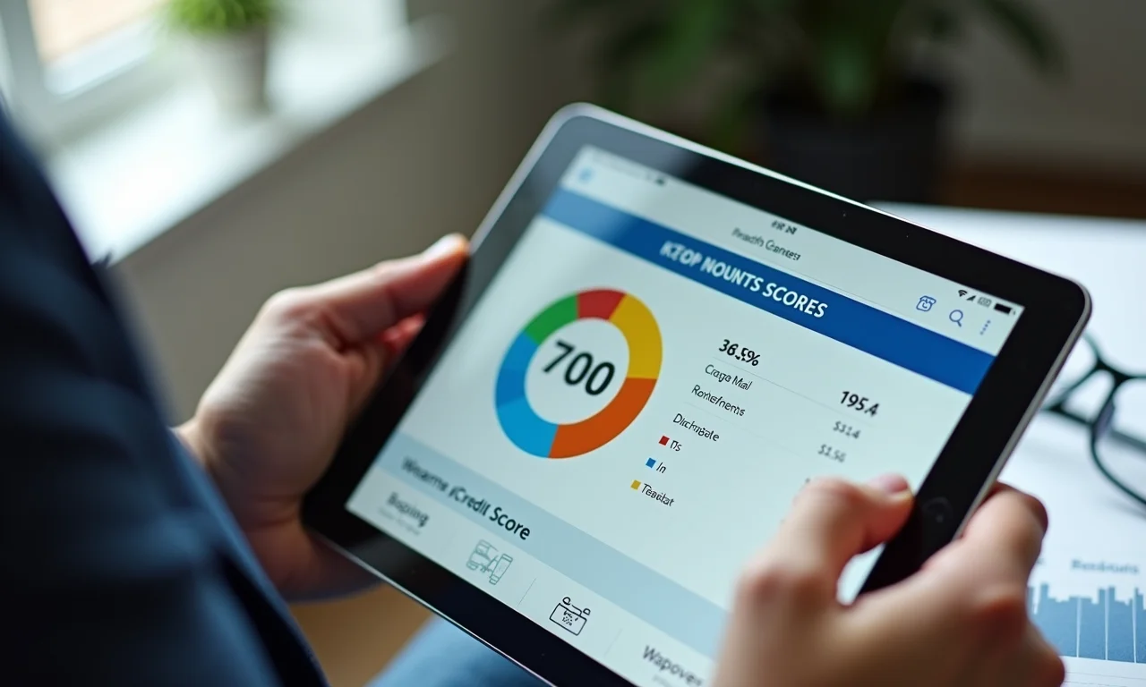 Relatório de score de crédito em um tablet, consultor explicando a importância.