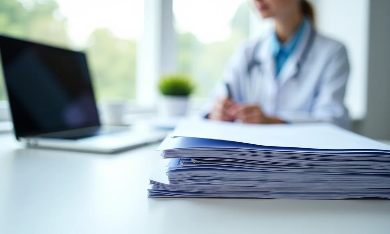 Relatórios médicos organizados em mesa.