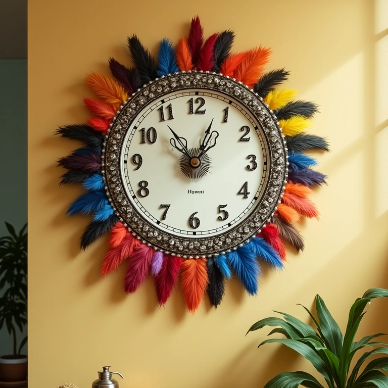 Relógio de parede decorado com espelhos, miçangas e penas coloridas.