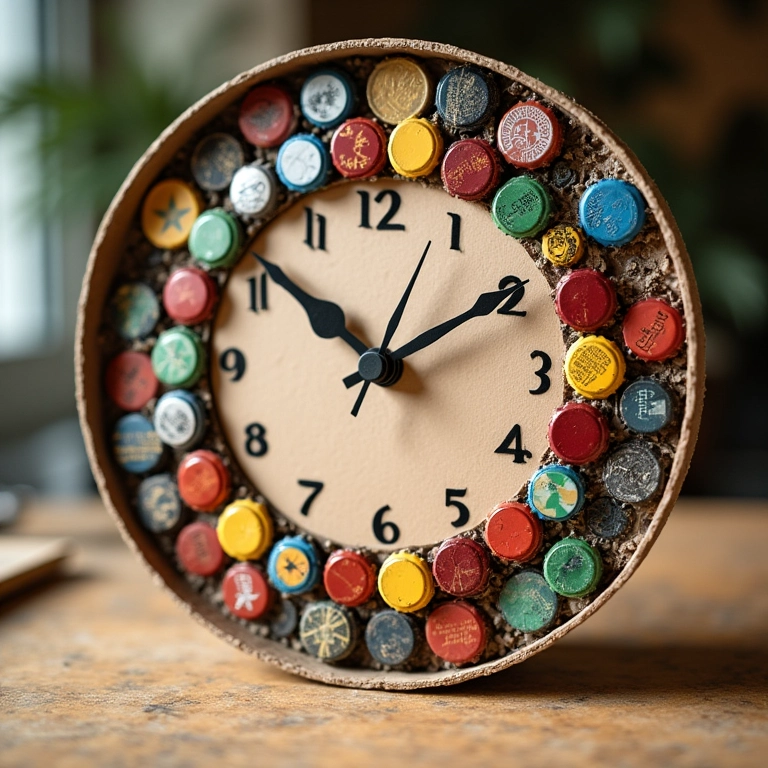 Relógio de parede feito com materiais reciclados, sustentabilidade.