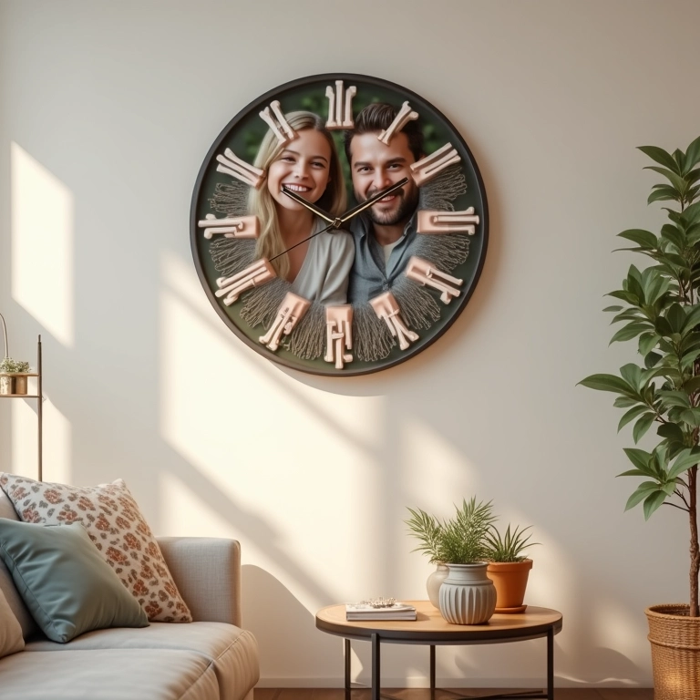 Relógio de parede personalizado com fotos de família.