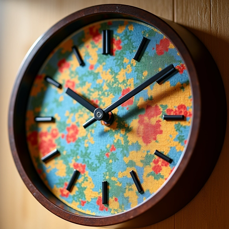 Relógio de parede personalizado com tecido colorido e texturizado.