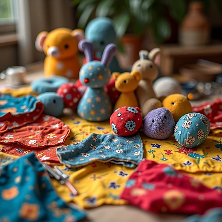 Retalhos de tecido colorido para criar bichos de pelúcia.