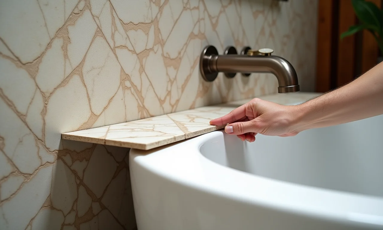 Revestimento da Portobello sendo instalado em uma banheira de alvenaria.