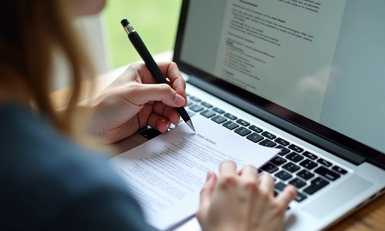 Revisão e edição cuidadosa de um texto dissertativo em um computador.