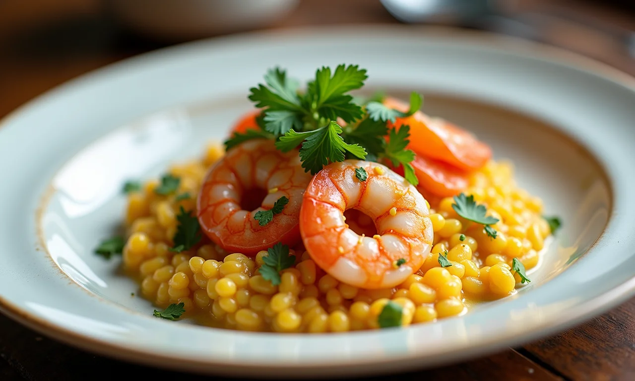 Risoto cremoso de tucumã com camarão.