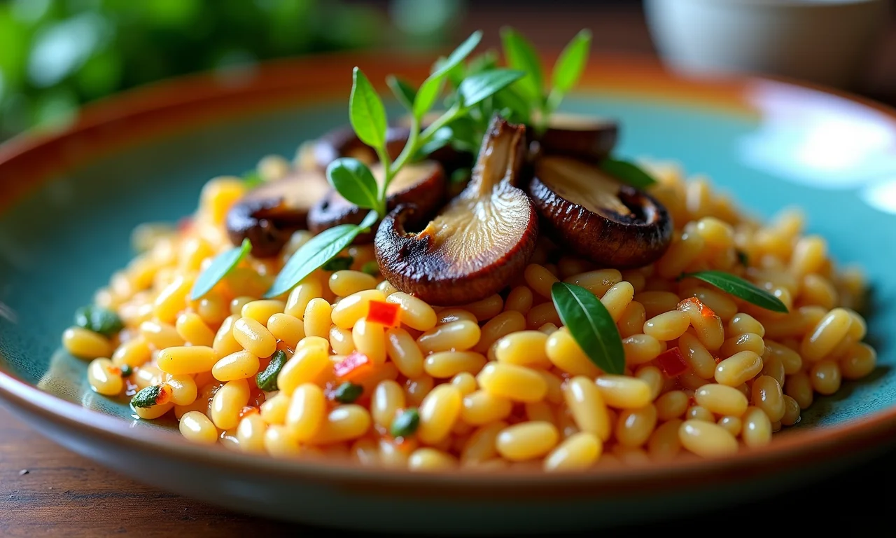 Risoto de baru e cogumelos em prato de cerâmica colorido.