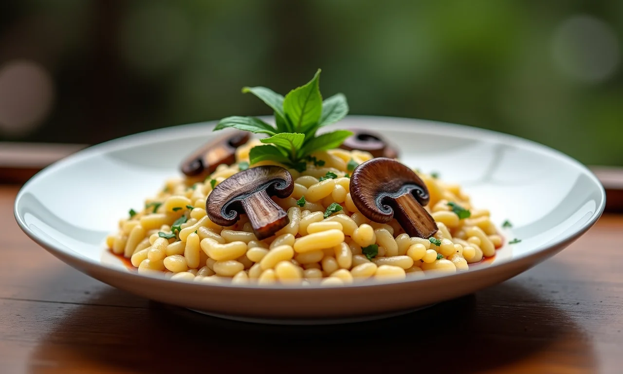 Risoto de pinhão com cogumelos em prato branco.