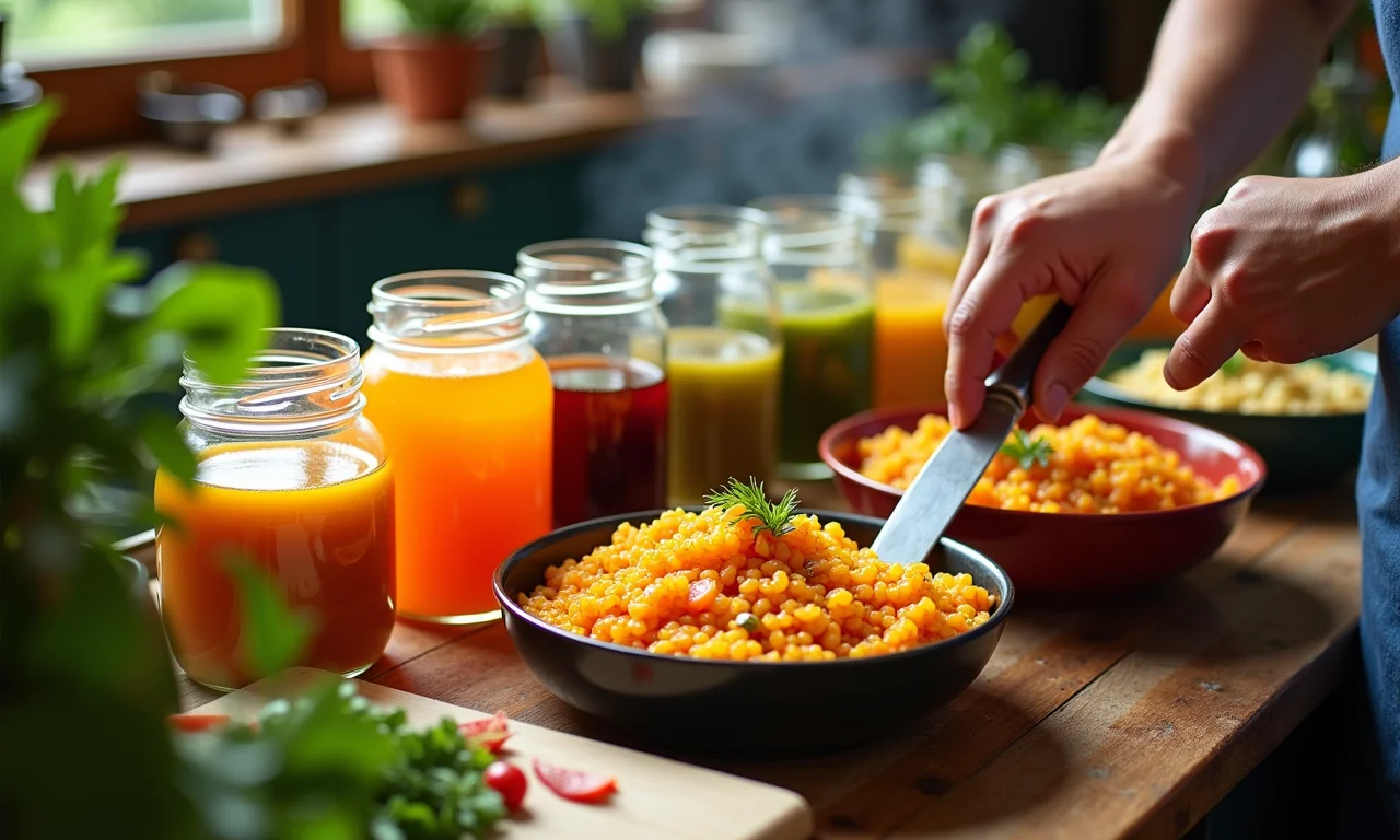 Risoto sendo preparado com diferentes caldos coloridos em cozinha brasileira.