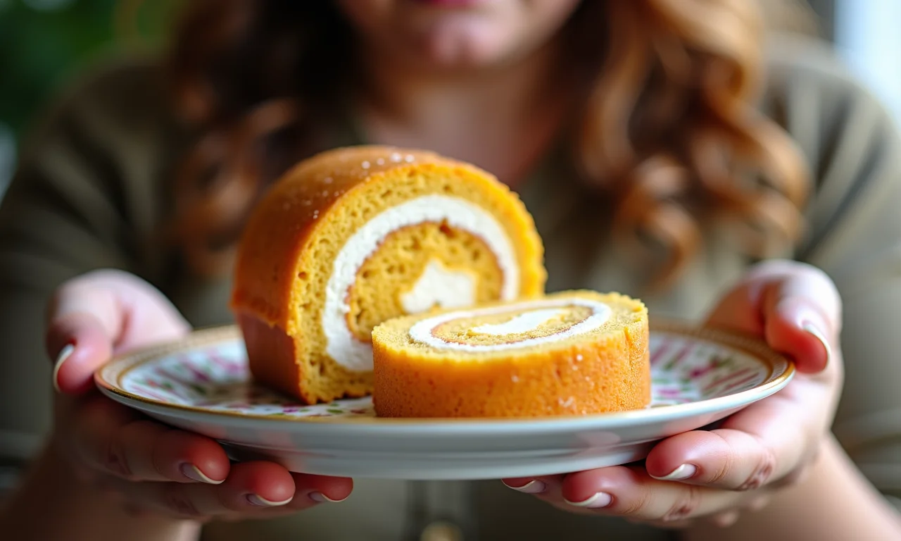 Rocambole de marmelada em prato decorado, sendo segurado por mãos femininas.