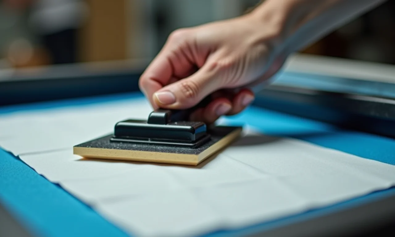 Rodo serigráfico sendo usado para aplicar tinta sobre o tecido.