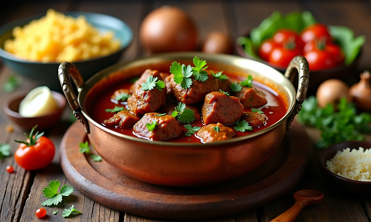 Rogan josh clássico servido em um recipiente de cobre, com ingredientes frescos.