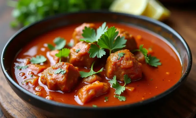 Rogan josh, um curry de cordeiro da Caxemira, fervendo em molho vermelho rico.