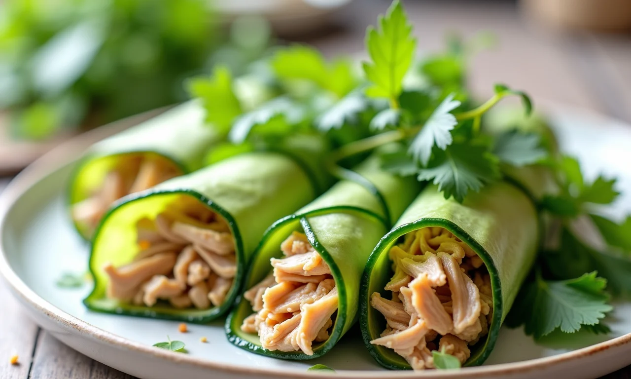 Rolinhos de pepino recheados com frango desfiado e ervas frescas.