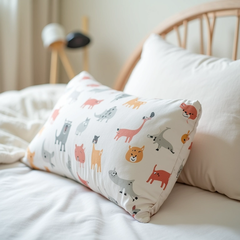 Rolo de cama infantil com tecido suave e tema de animais.