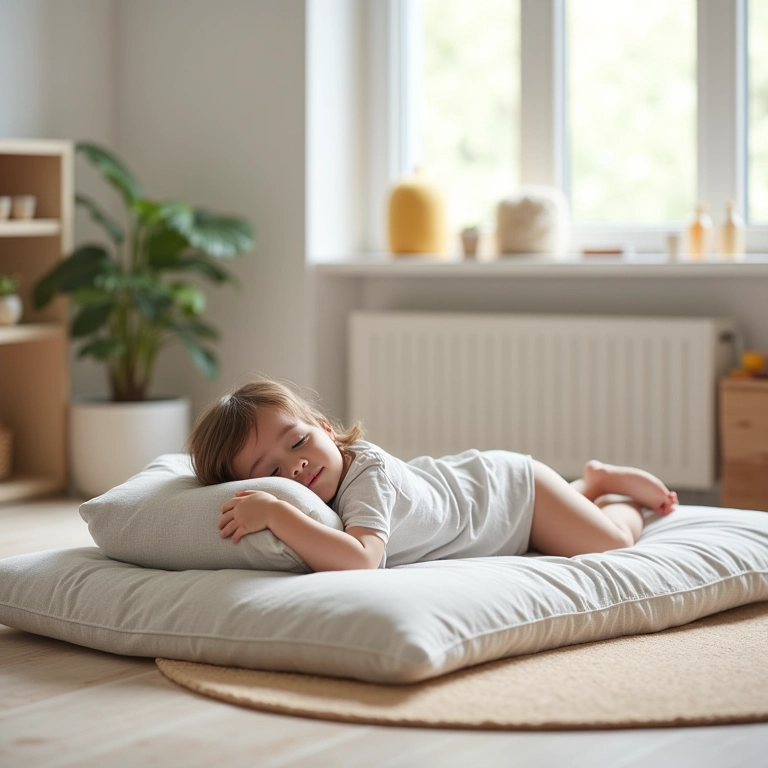 Rolo de cama no chão, estilo montessoriano, estimulando a autonomia.