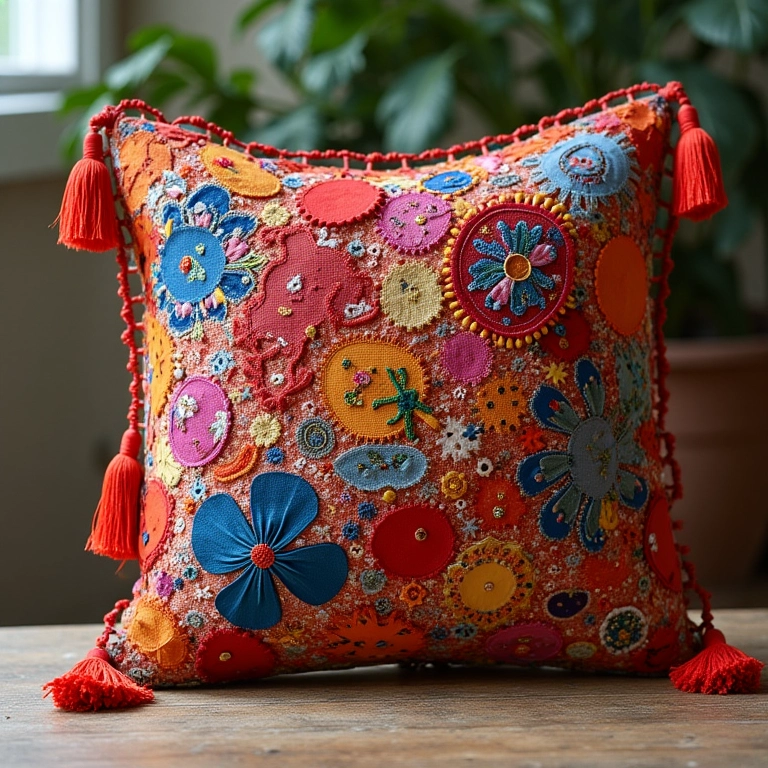 Rolo de cama personalizado com detalhes como bordados e franjas.