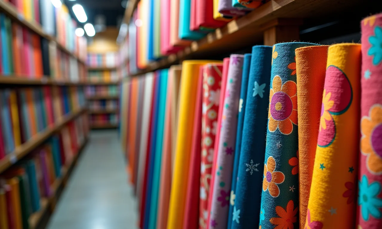 Rolos de tecidos coloridos em loja de tecidos bem iluminada.