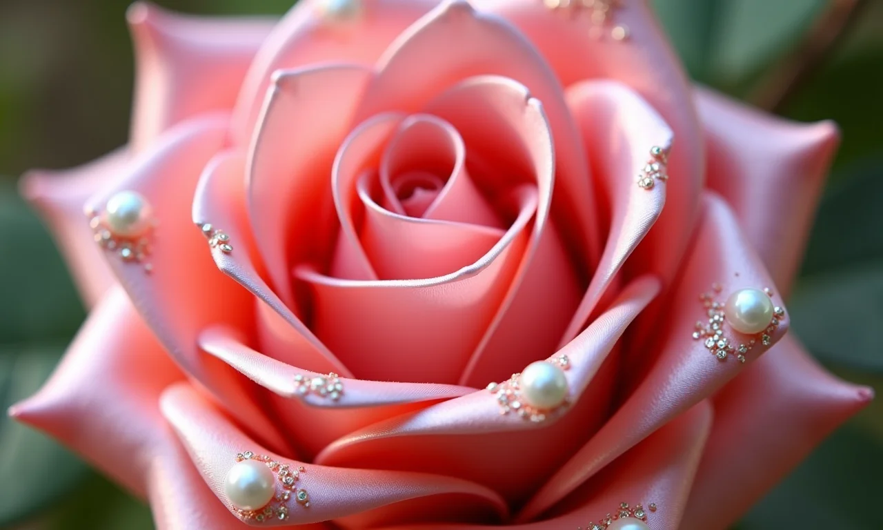 Rosa de fita de cetim com detalhes brilhantes e pérolas.