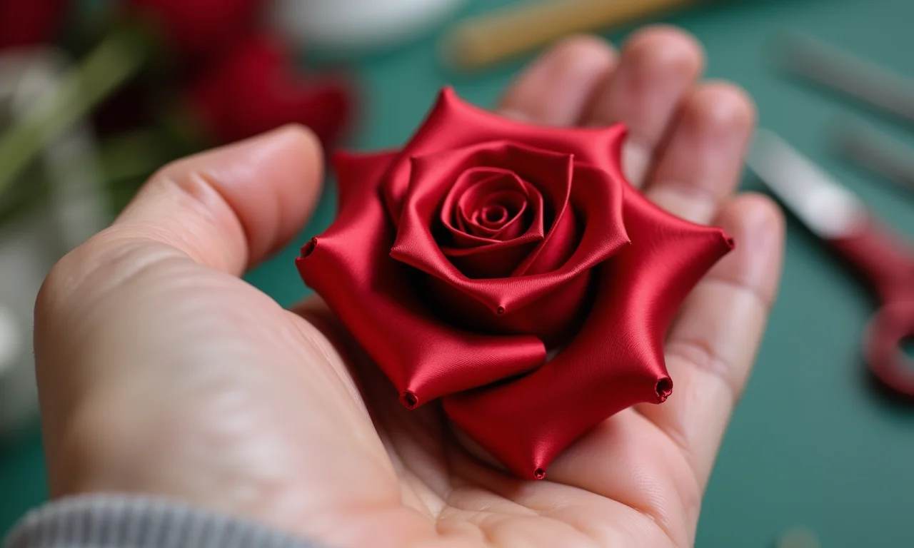 Rosa de fita de cetim finalizada, pronta para uso.