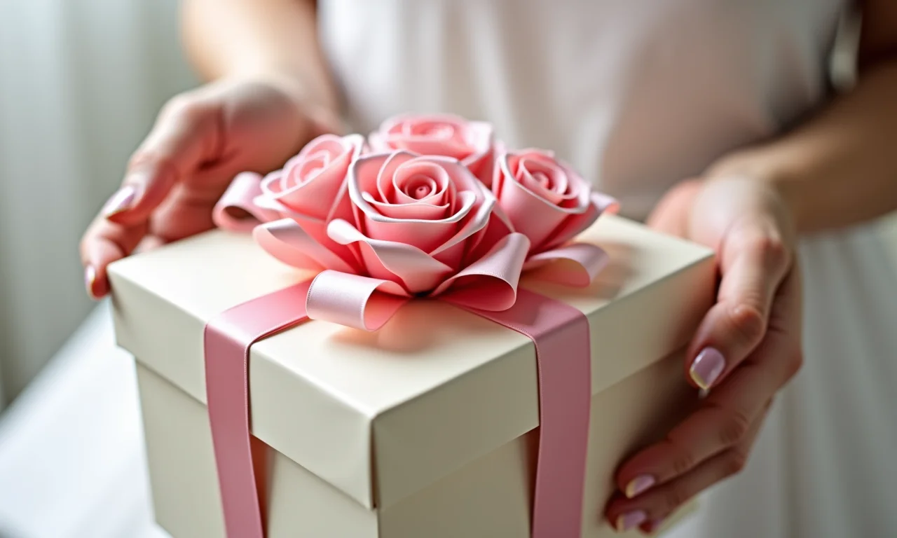 Rosas de fita de cetim decorando uma caixa de presente.