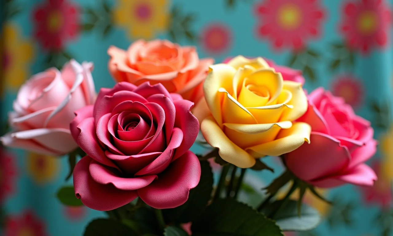 Rosas de fita de cetim em diversas cores e texturas.
