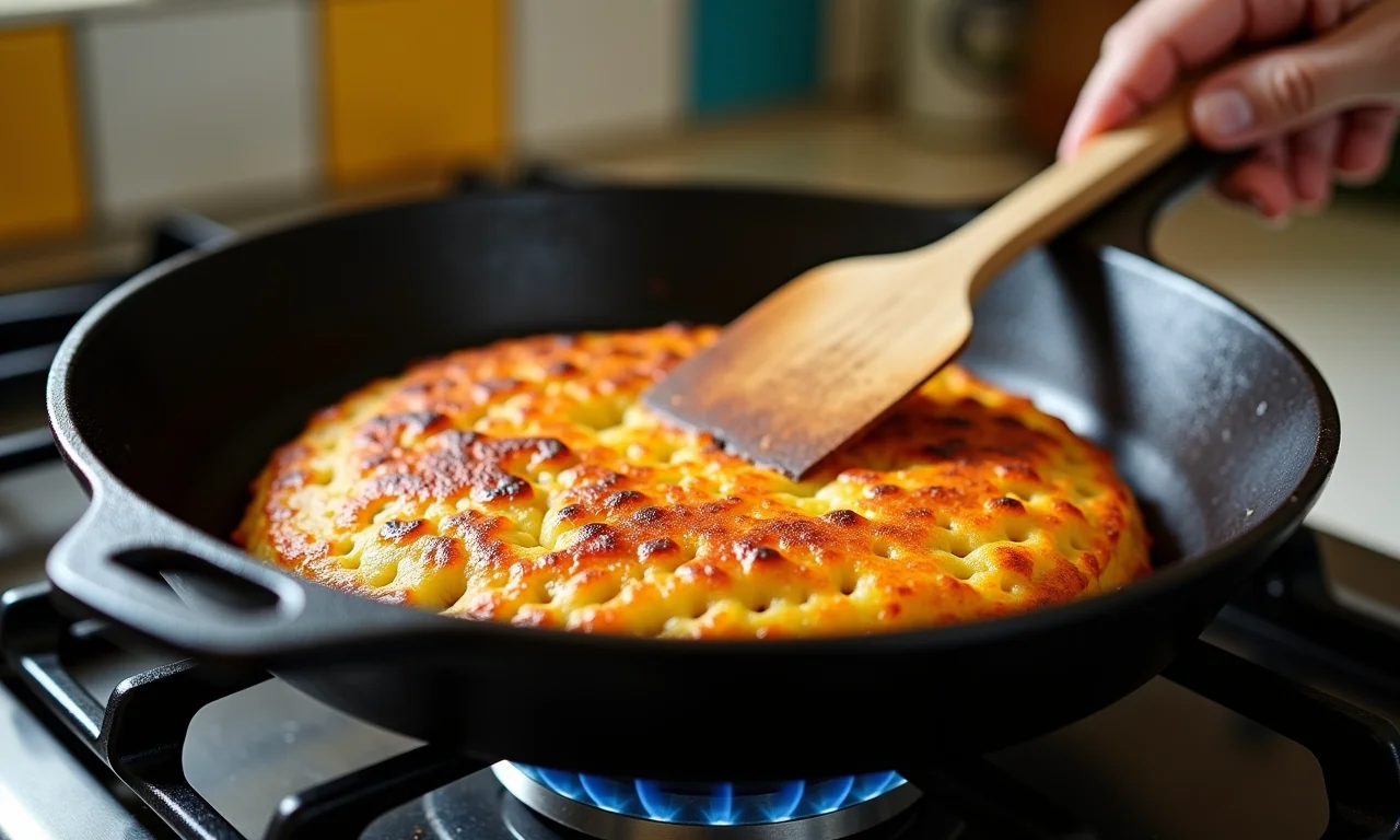 Rösti sendo preparado em frigideira de ferro.