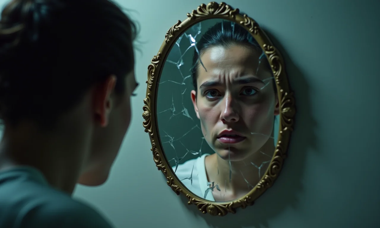 Rosto refletido em espelho quebrado, expressando culpa e ansiedade.