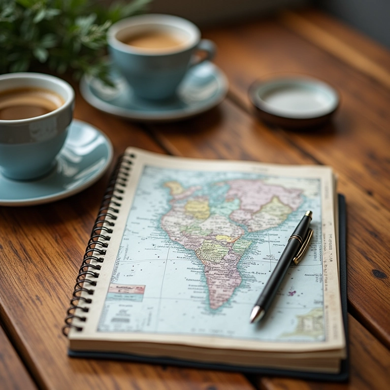 Roteiro de viagem flexível em mesa de madeira com café.