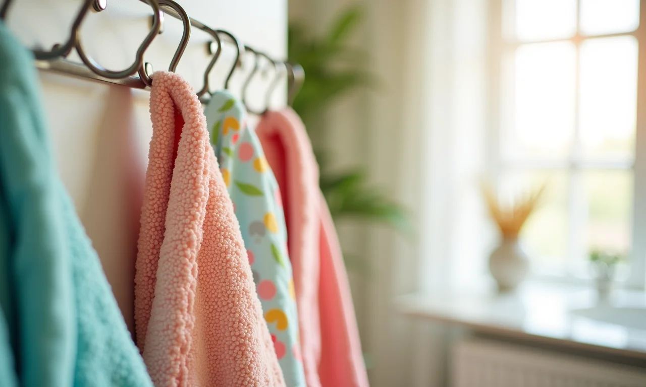 Roupão infantil colorido pendurado.