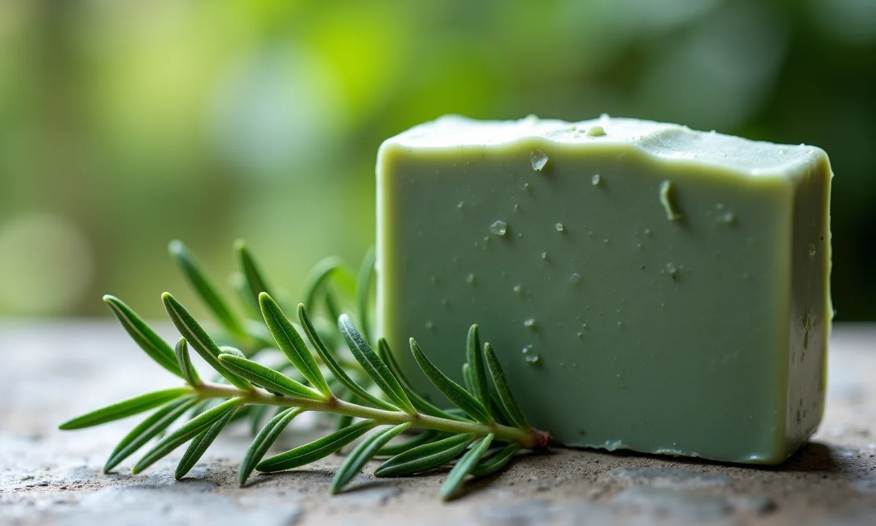 Sabonete de argila verde e alecrim sobre superfície de pedra.