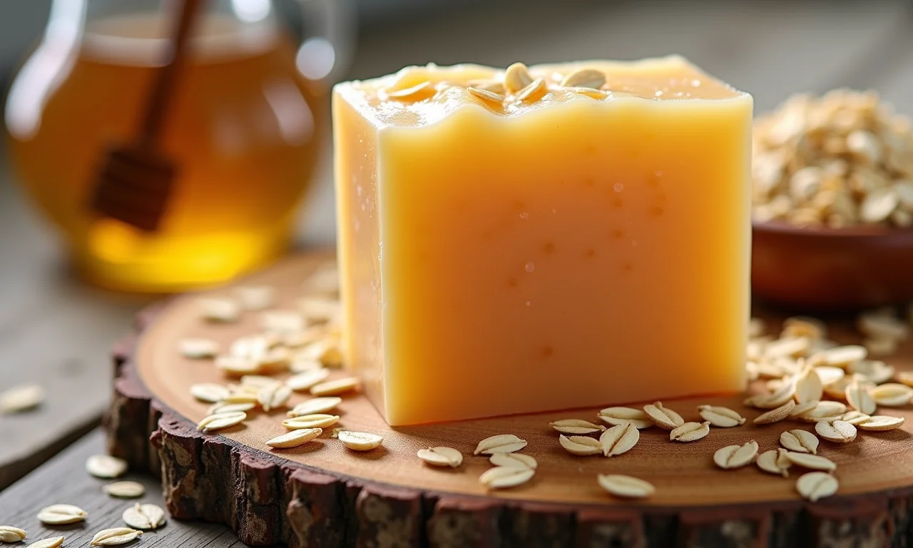 Sabonete de aveia e mel em barra sobre tábua de madeira rústica.