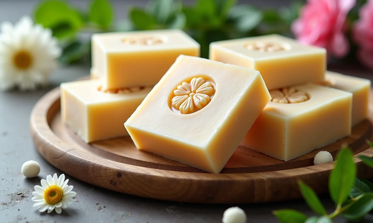 Sabonetes artesanais com ingredientes naturais em bandeja de madeira.