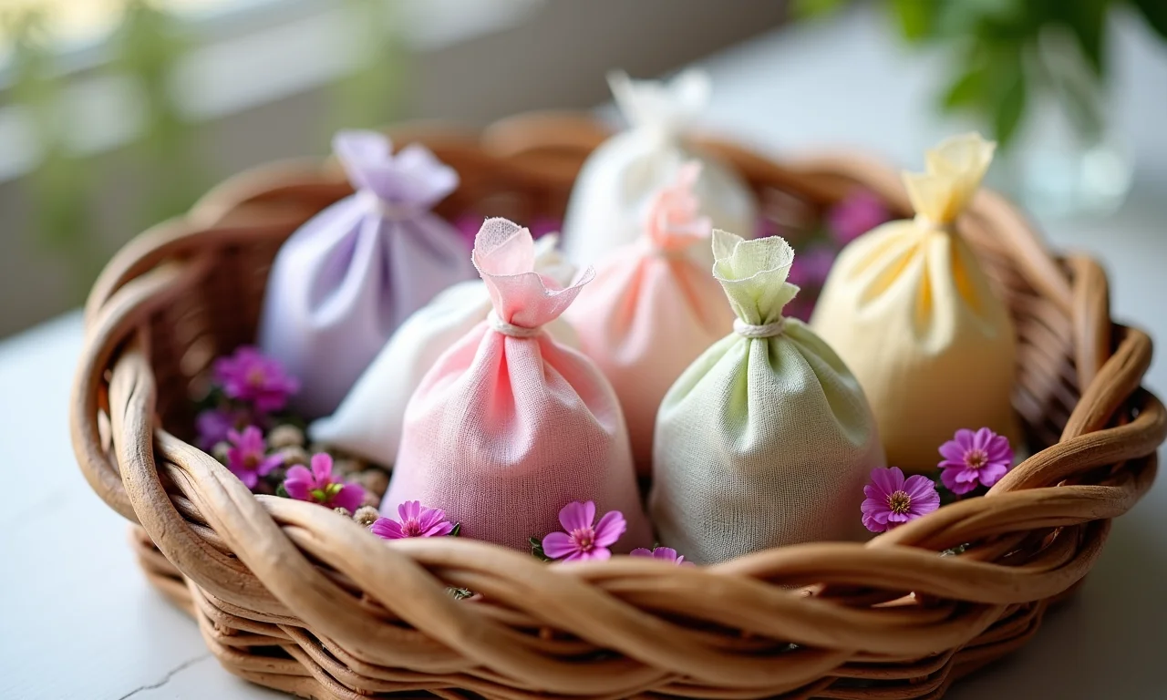 Sachês perfumados em cesta de vime, cheios de flores secas e ervas aromáticas.