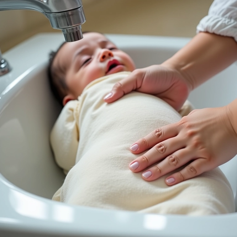 Saco de bebê sendo lavado à mão em uma pia.