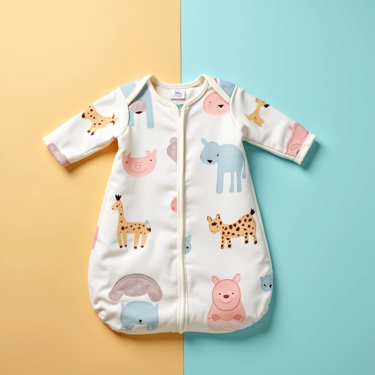 Saco para bebê com apliques divertidos sobre um fundo colorido.