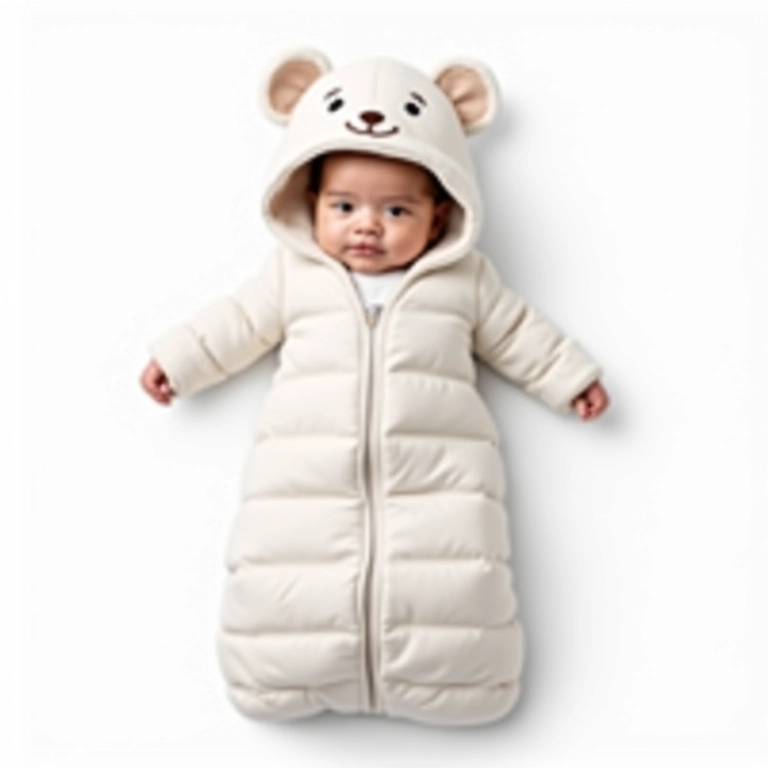 Saco para bebê com capuz de ursinho sobre um fundo branco.