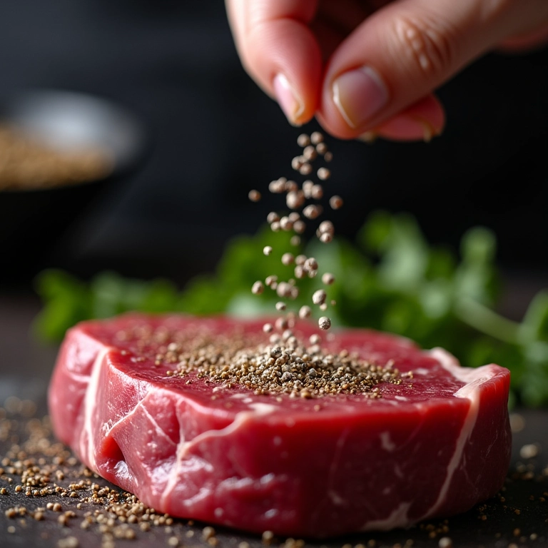 Sal e pimenta do reino sendo aplicados em um bife cru.