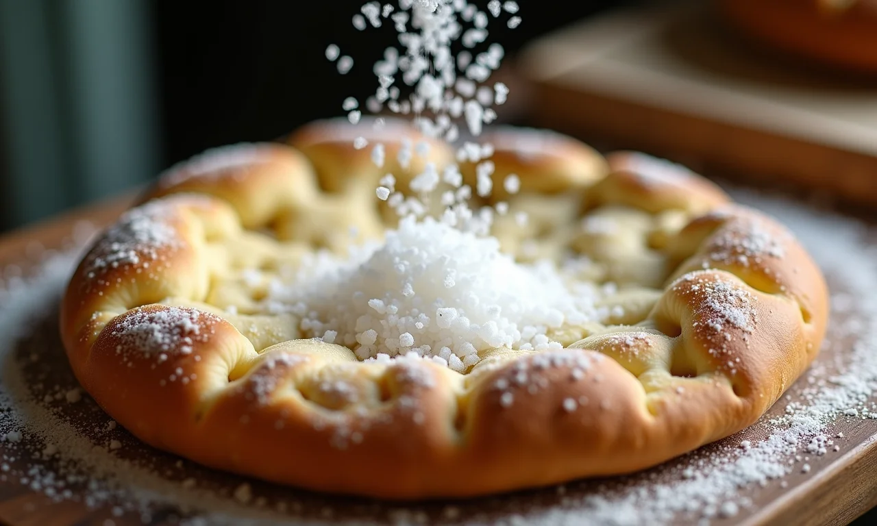 Sal marinho ou sal grosso sendo polvilhado sobre a massa da focaccia.