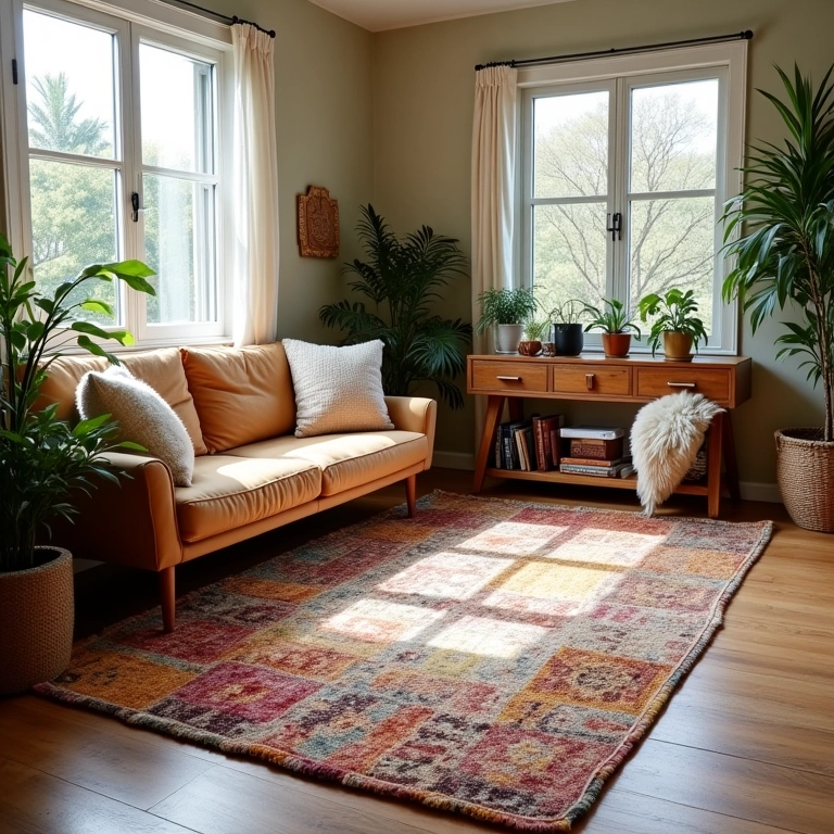 Sala aconchegante com tapete de retalhos e decoração boêmia.