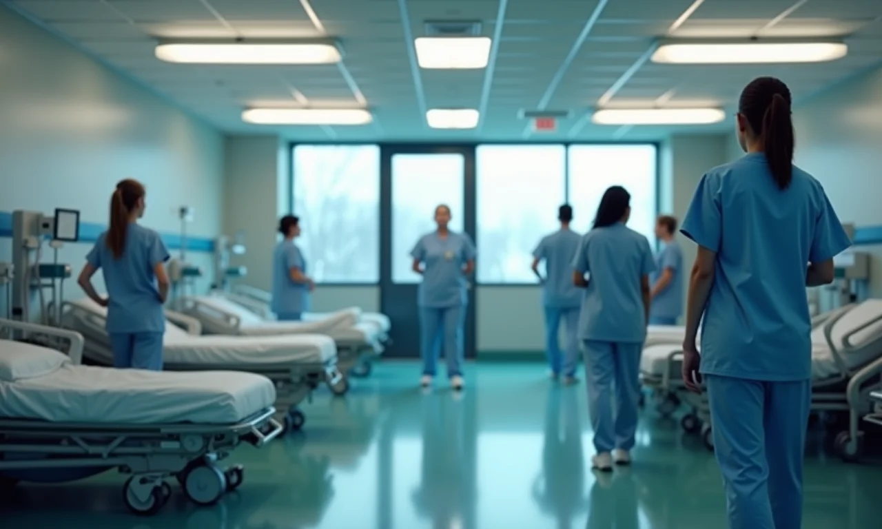 Sala de emergência movimentada com enfermeiros ajustando escalas rapidamente.